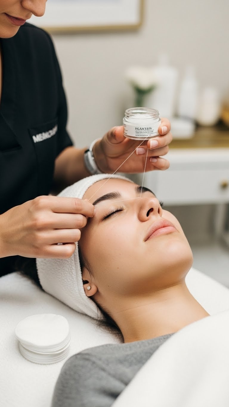 Facial hair threading on sensitive skin with cotton thread removing upper lip hair professionally