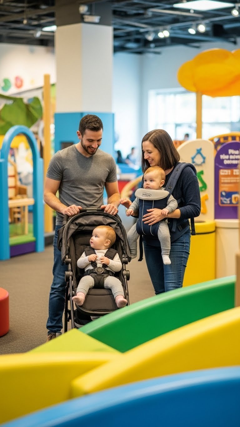 Family happily interacting with baby at colorful children's museum sensory exhibit during educational playtime