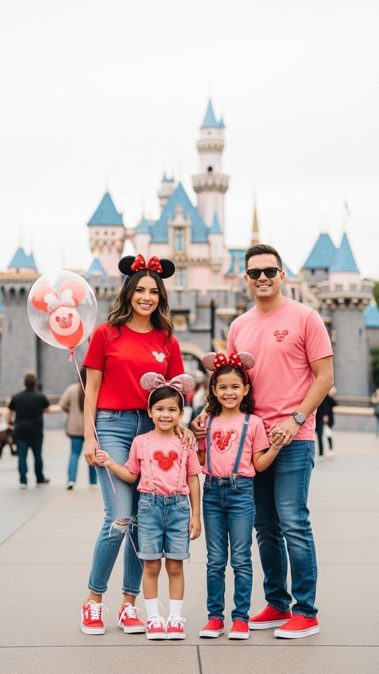 Family of four wearing coordinated Valentine's Day outfits smiling together at Disneyland landmark