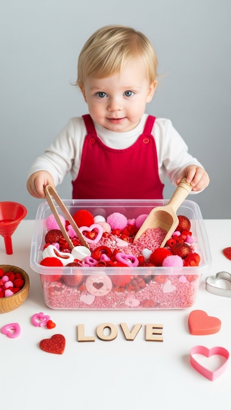Family playing Valentine's Day Bingo with heart-themed cards and markers on a rustic wooden table