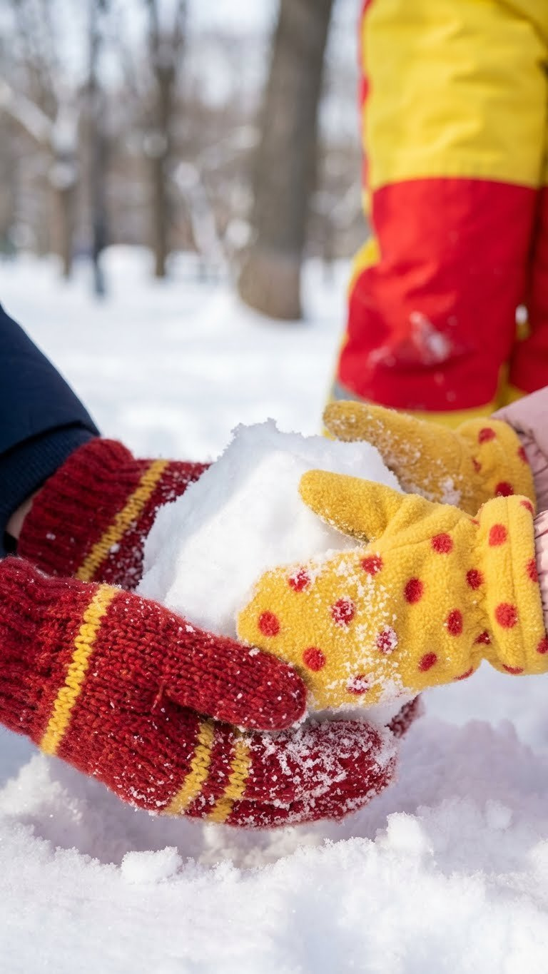 Family snow day fun: adult and child's colorful waterproof mittens scooping fresh snow for a snowball.