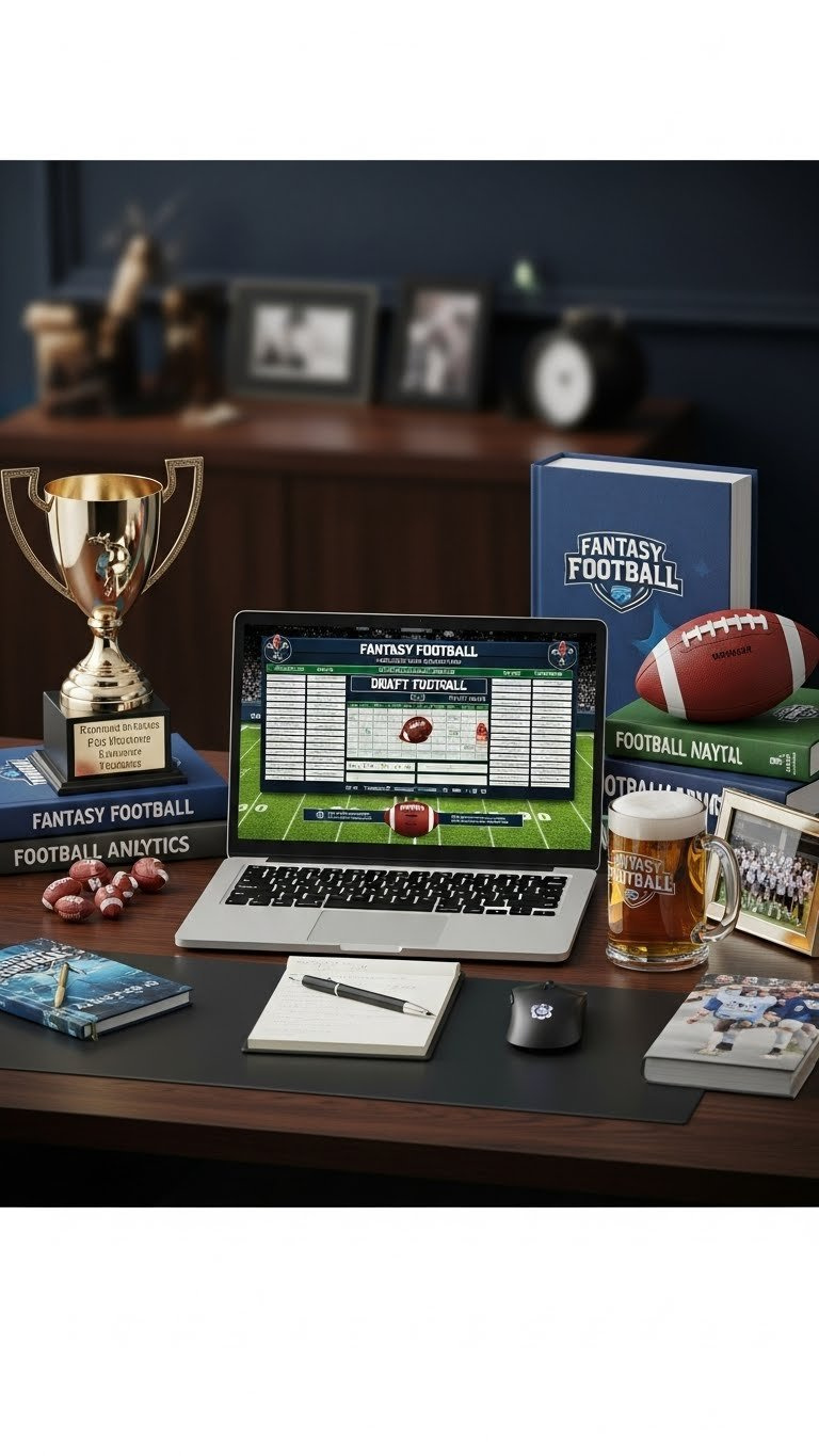 Fantasy football desk setup with laptop draft board, personalized trophy, and engraved beer mug
