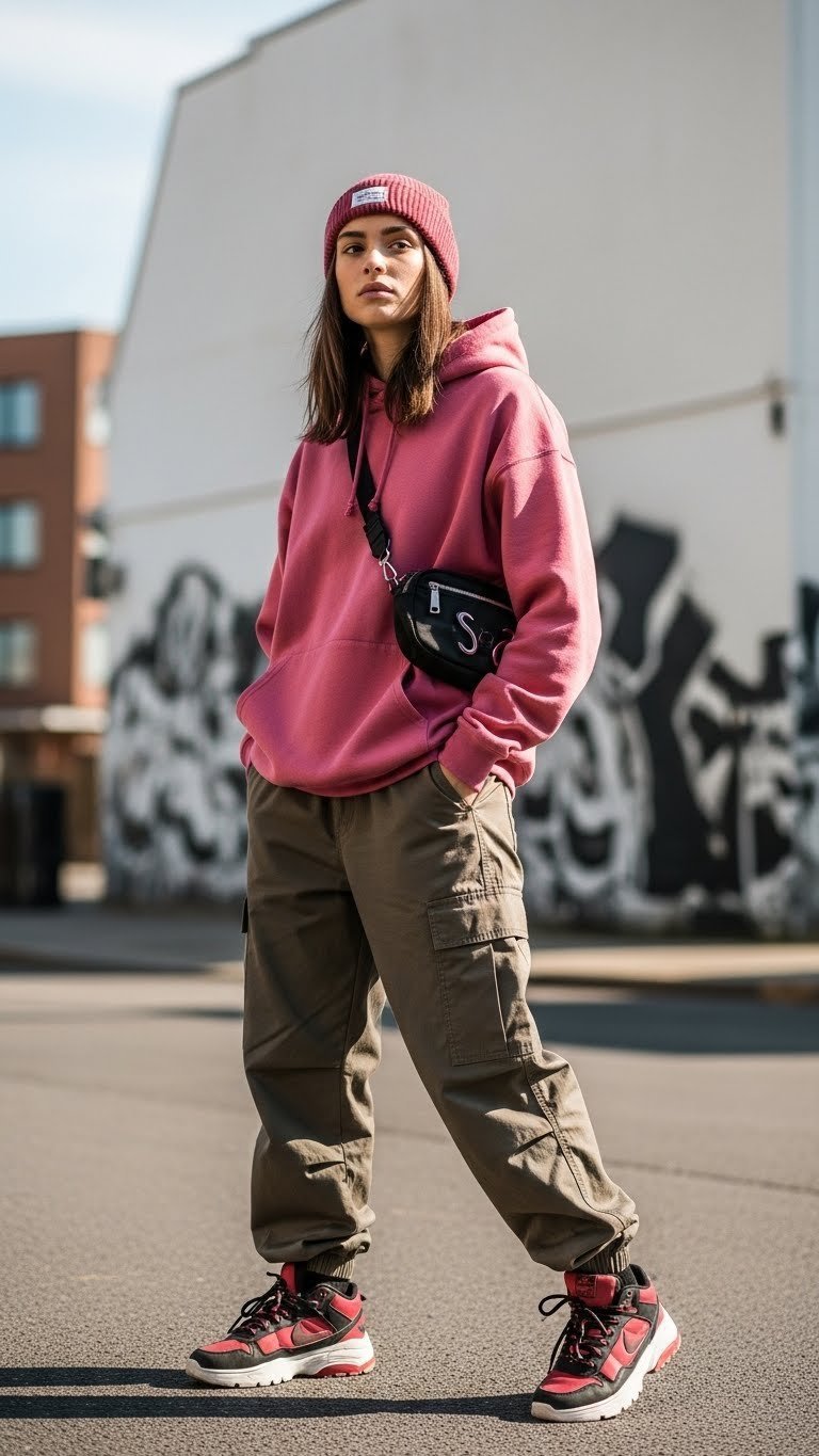 Fashion-forward individual wearing oversized pink hoodie and olive parachute pants standing on urban street with soft natural lighting