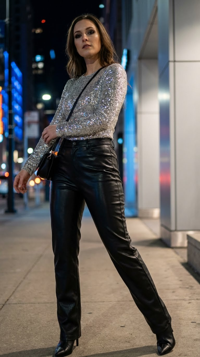 Fashion-forward woman in black faux leather pants and a shimmering silver sequin top against blurred city nightlife.