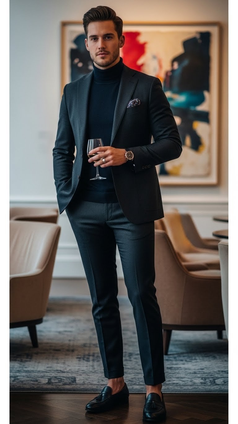 Fashionable man in dark blazer and turtleneck standing in art gallery with soft ambient lighting for modern romantic Valentine's look