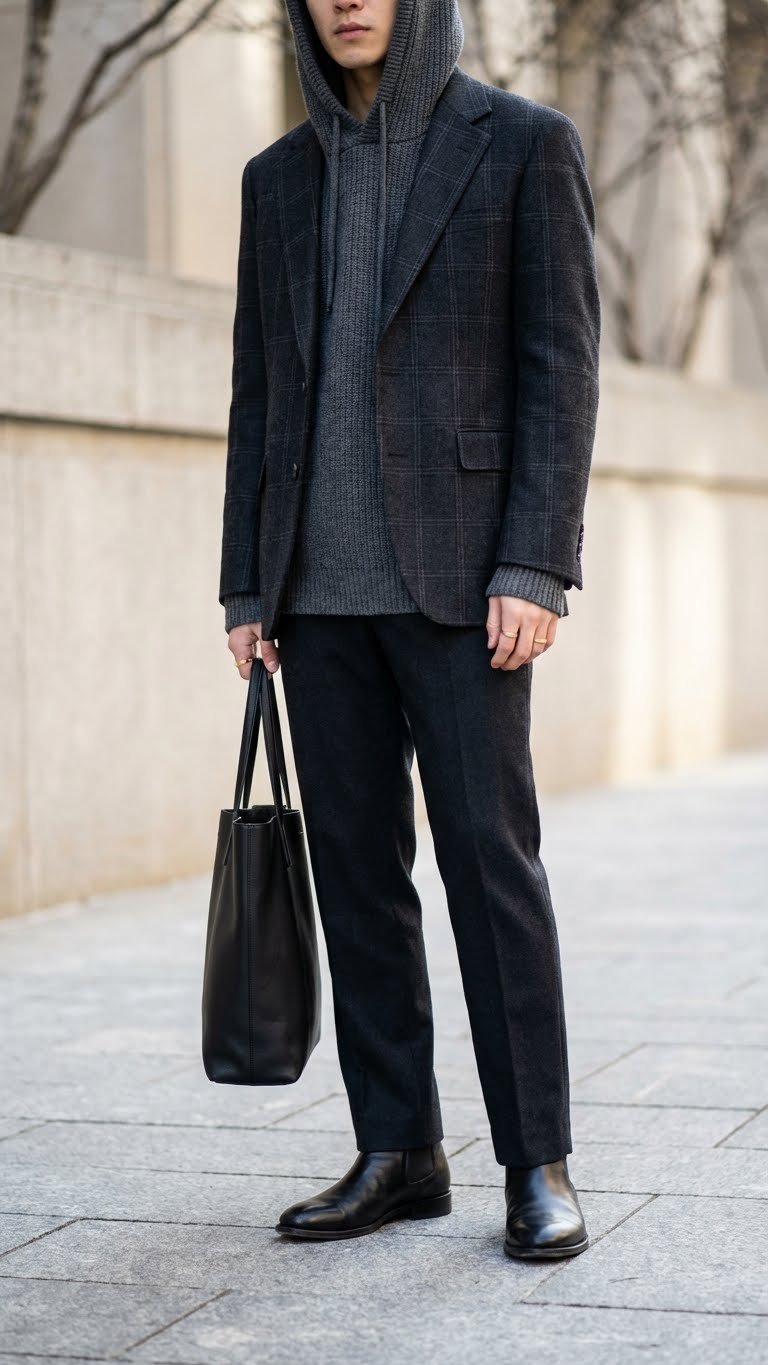 Fashionable person in an oversized grey hoodie, dark wool blazer, tailored trousers, and black ankle boots. Elevated winter urban style.