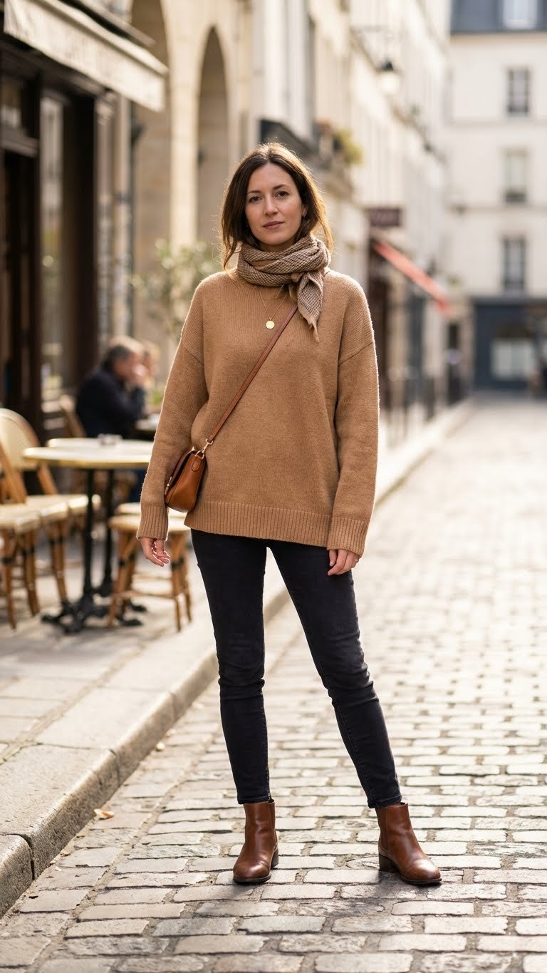 Fashionable woman in a camel oversized knit sweater, dark slim-fit jeans, ankle boots, and textured scarf on a city street.