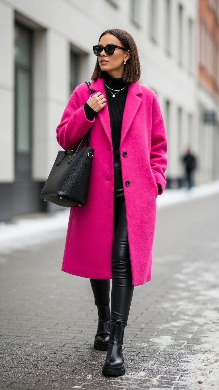 Fashionable woman in a vibrant hot pink oversized wool coat, black leggings, chunky boots, on a snowy urban street.