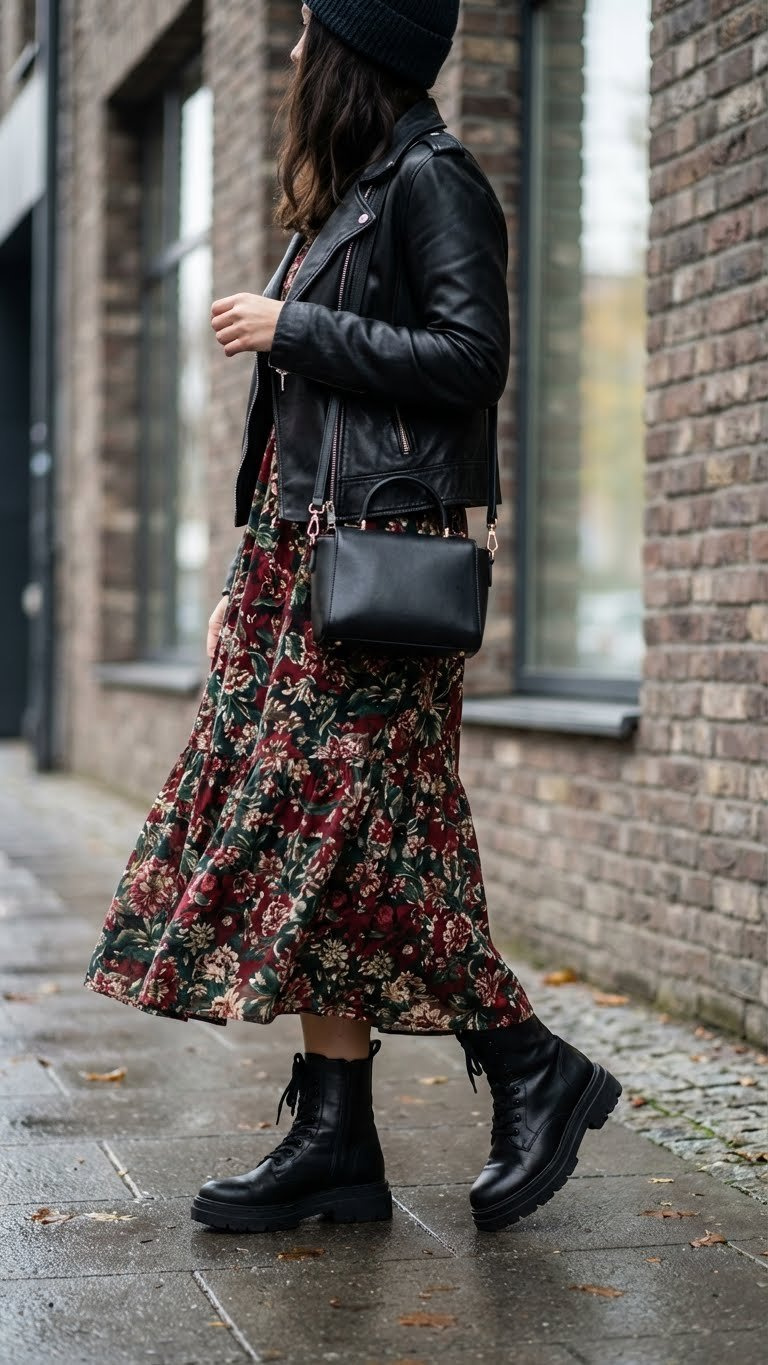 Fashionable woman in black combat boots, floral midi dress, and leather jacket on city sidewalk. Edgy winter outfit.