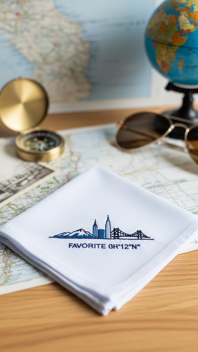 Favorite place landmark embroidery on light blue cotton handkerchief with city skyline silhouette and travel map background