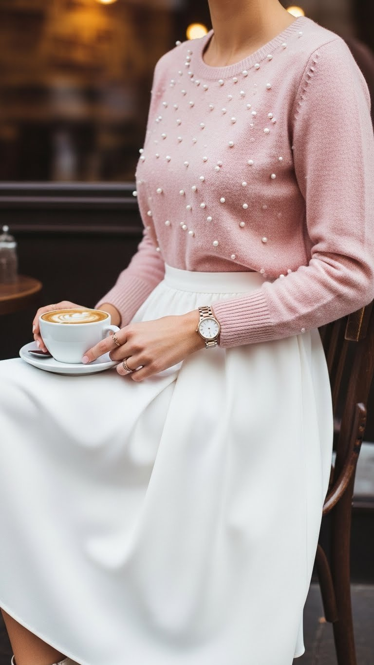 Feminine blush pink sweater with pearl embellishments over white A-line skirt in quaint café setting