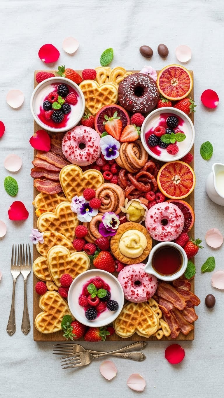 Festive Valentine's breakfast charcuterie board with heart-shaped pancakes, red fruits, and assorted pastries on wooden board.