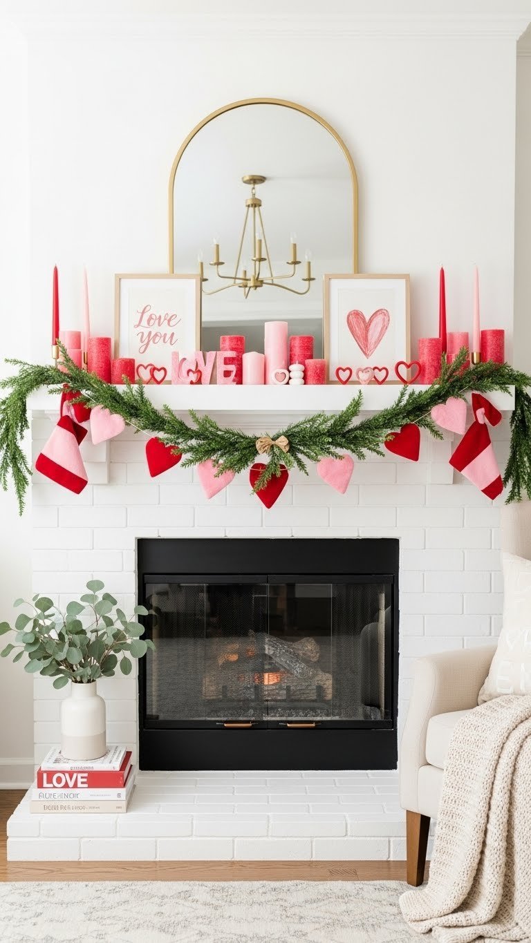Festive fireplace mantle decorated with Valentine's garland, candles, and ceramic hearts on white brick backdrop