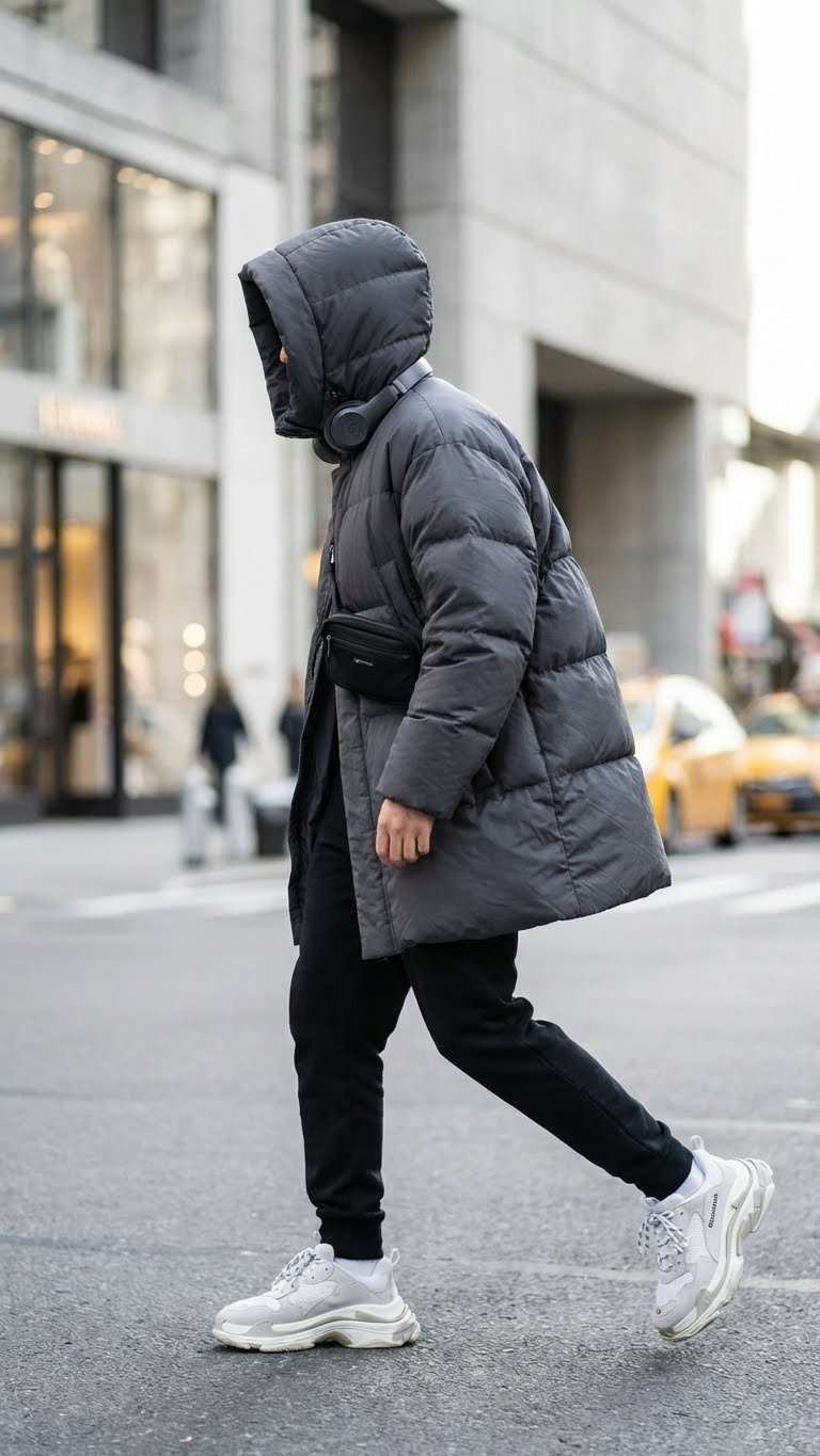 Figure in motion wearing an oversized puffer jacket, jogger pants, fashion sneakers, belt bag, urban street style.