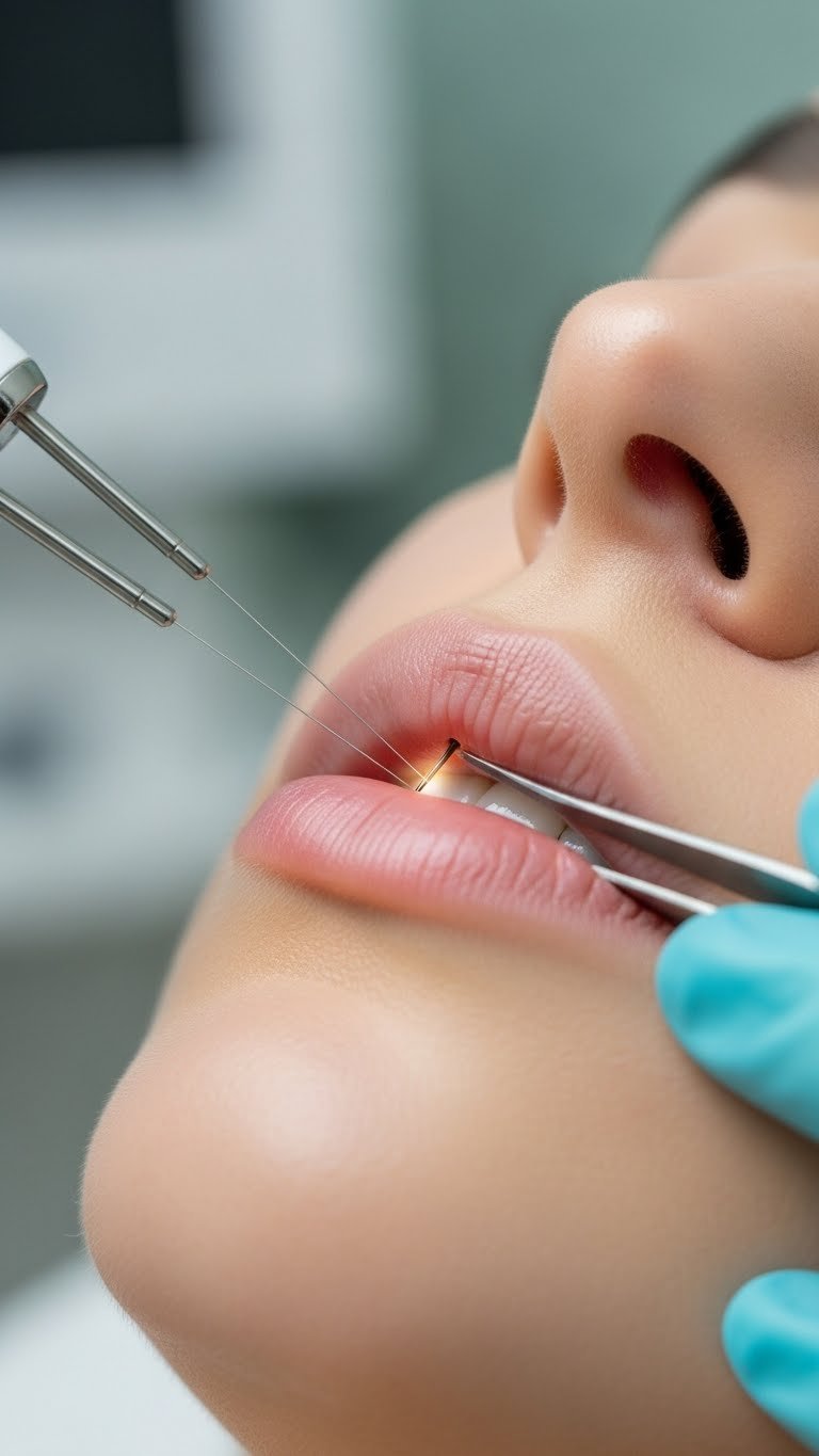 Fine electrolysis probe entering hair follicle on woman's upper lip with precise glow at contact point