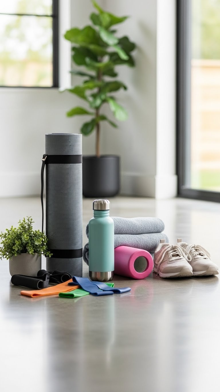 Fitness essentials with yoga mat, resistance bands, water bottle, and foam roller in home gym