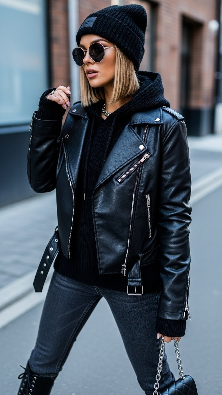 Fitted black leather jacket, knit hoodie, dark denim, silver jewelry, beanie, combat boots. Edgy urban winter streetwear.