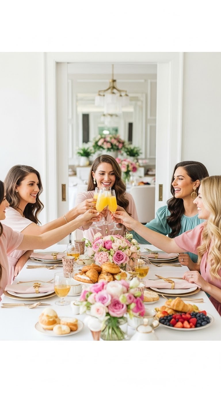 Five elegantly dressed female friends toasting with mimosas at a beautifully decorated brunch table with floral centerpieces and pastries.