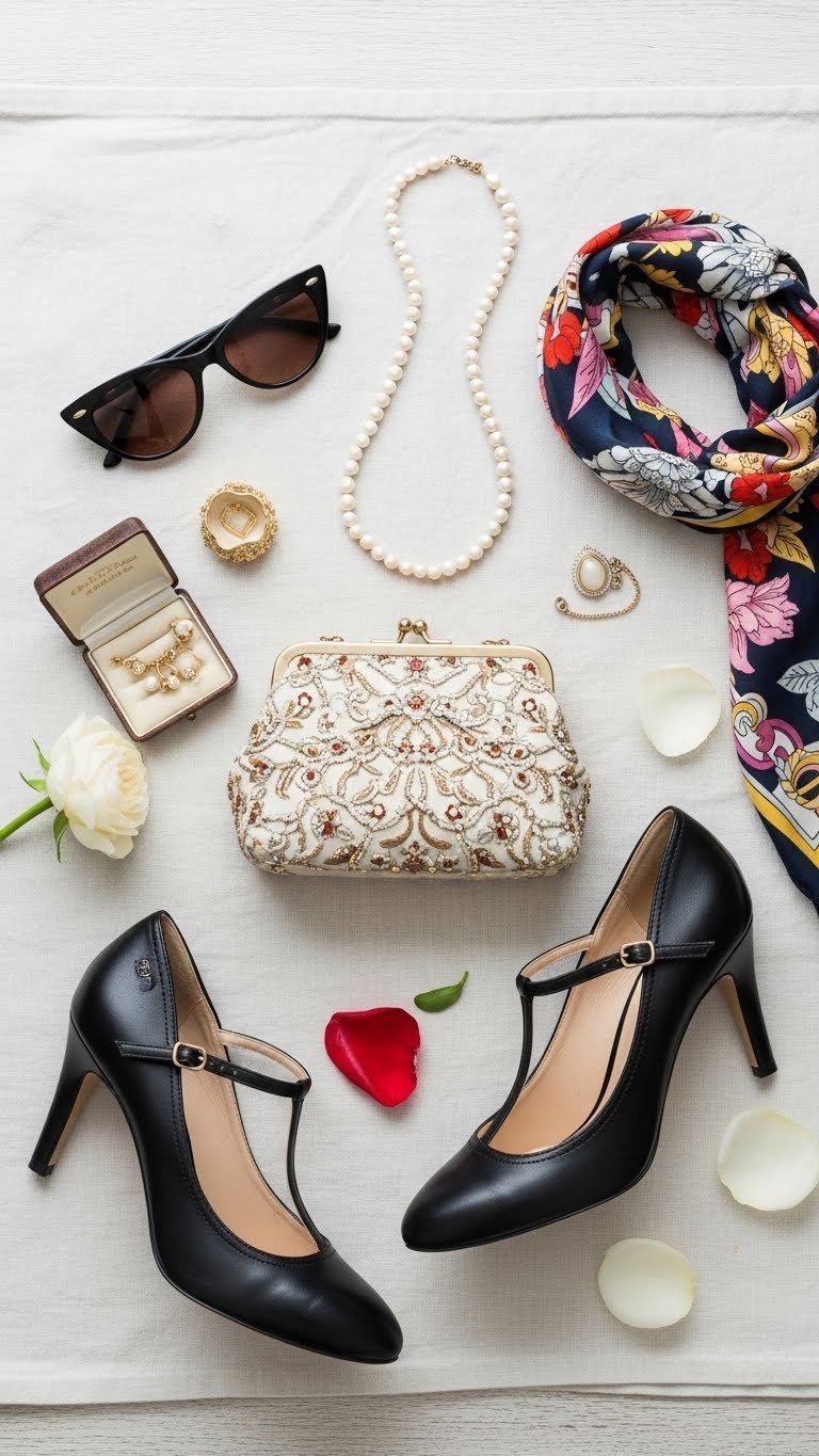 Flat lay arrangement of chic vintage accessories including cat-eye sunglasses and pearl necklace on linen background