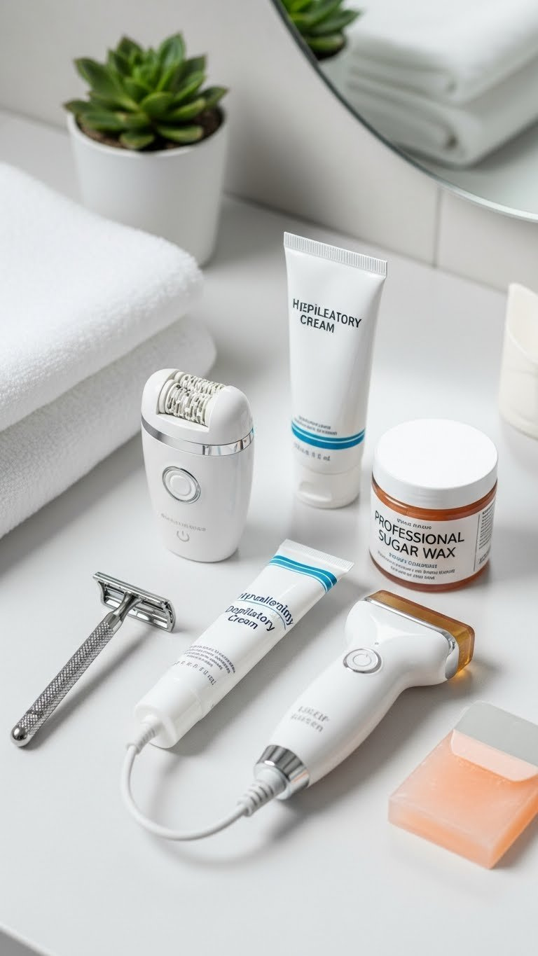 Flat lay arrangement of modern hair removal tools including safety razor, epilator, and depilatory cream