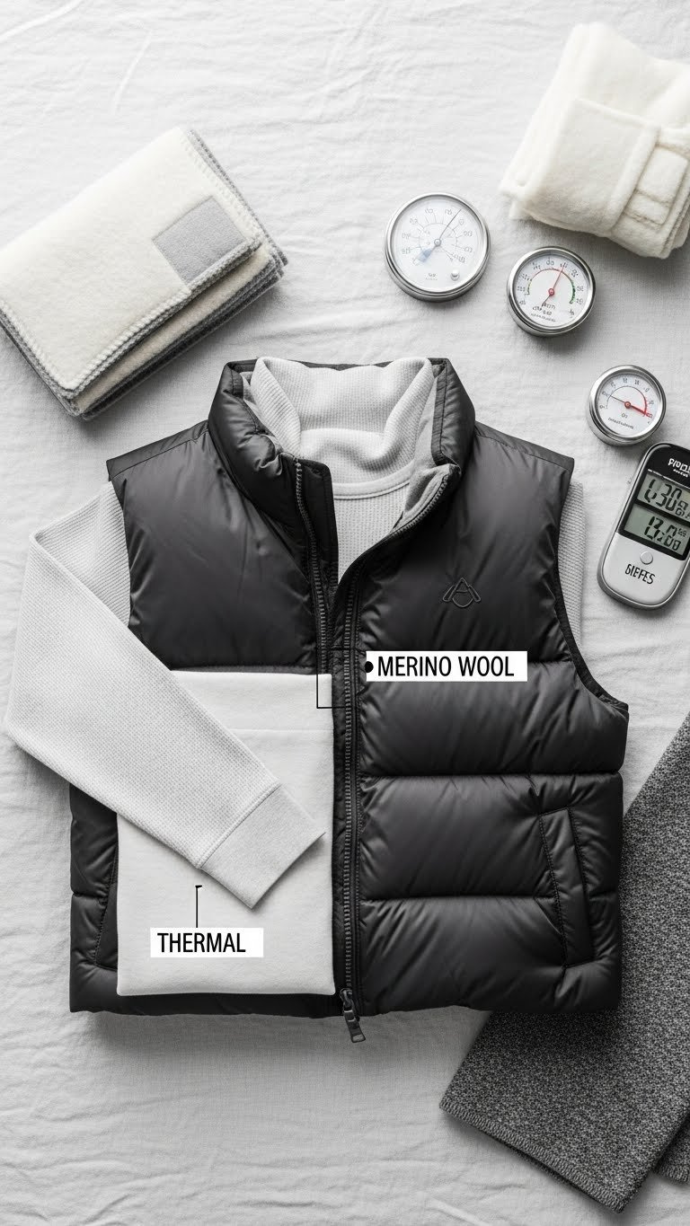 Flat lay of a thermal base layer and puffer vest on linen with a temperature gauge, showcasing winter layering essentials.