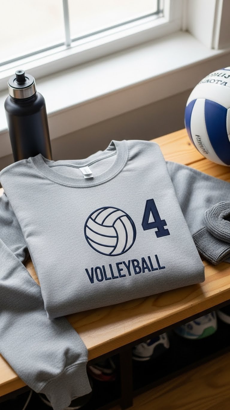 Flat lay of gray personalized volleyball hoodie with embroidered logo on wooden surface surrounded by training accessories