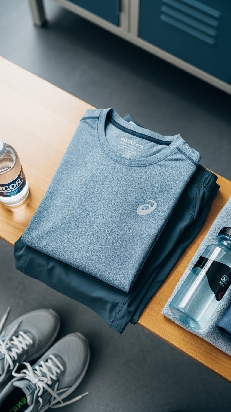 Flat lay of moisture-wicking running apparel set for men with subtle textures on light background.