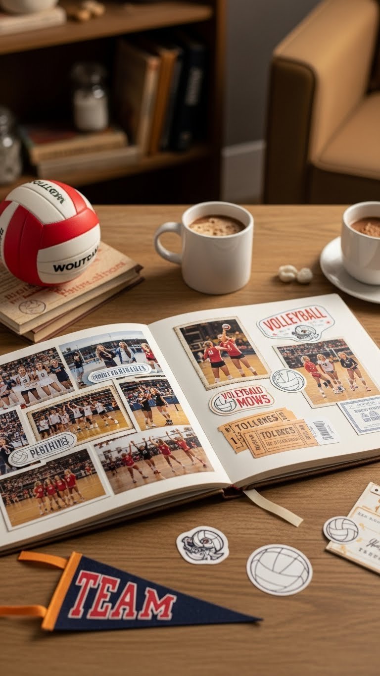 Flat lay of open volleyball scrapbook with action photos and decorative stickers on rustic wooden table