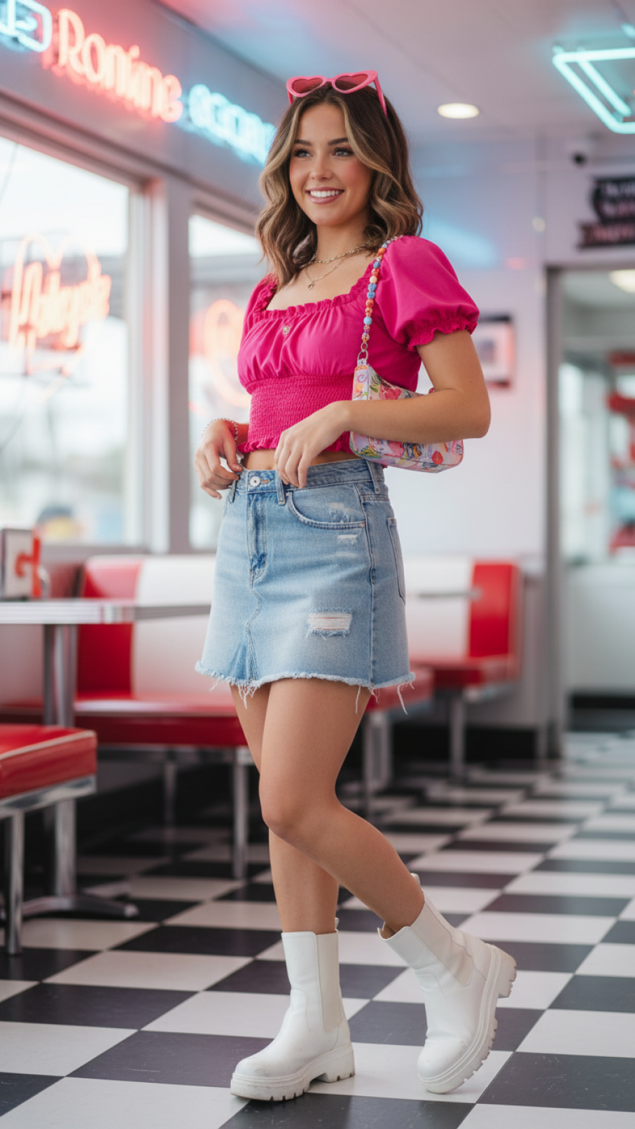 Flirty Y2K Valentine's outfit featuring distressed denim skirt and ruffled pink crop top in retro diner