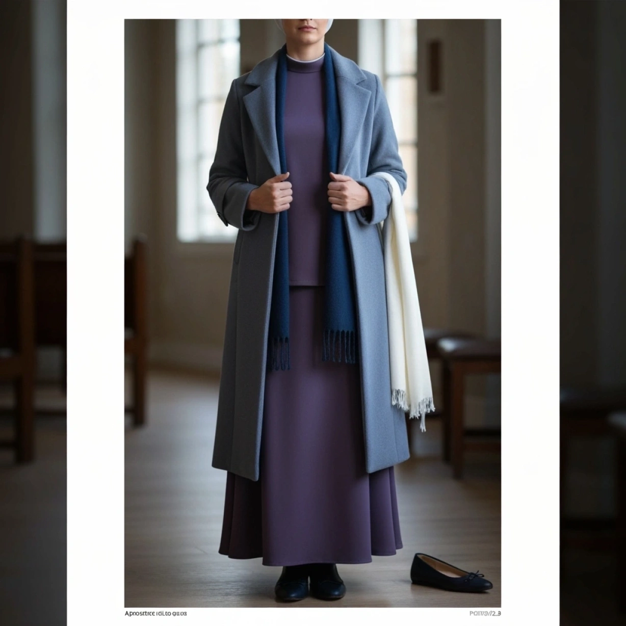 Flowing Apostolic modest deep-hued dress, long winter coat, structured scarf, and prayer shawl for reverent church attire.