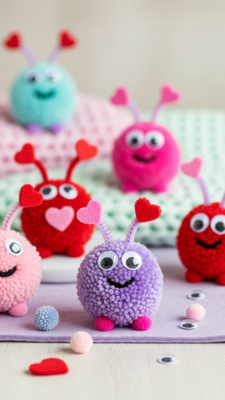 Fluffy pom-pom love monsters with googly eyes and felt hearts displayed playfully on textured surface