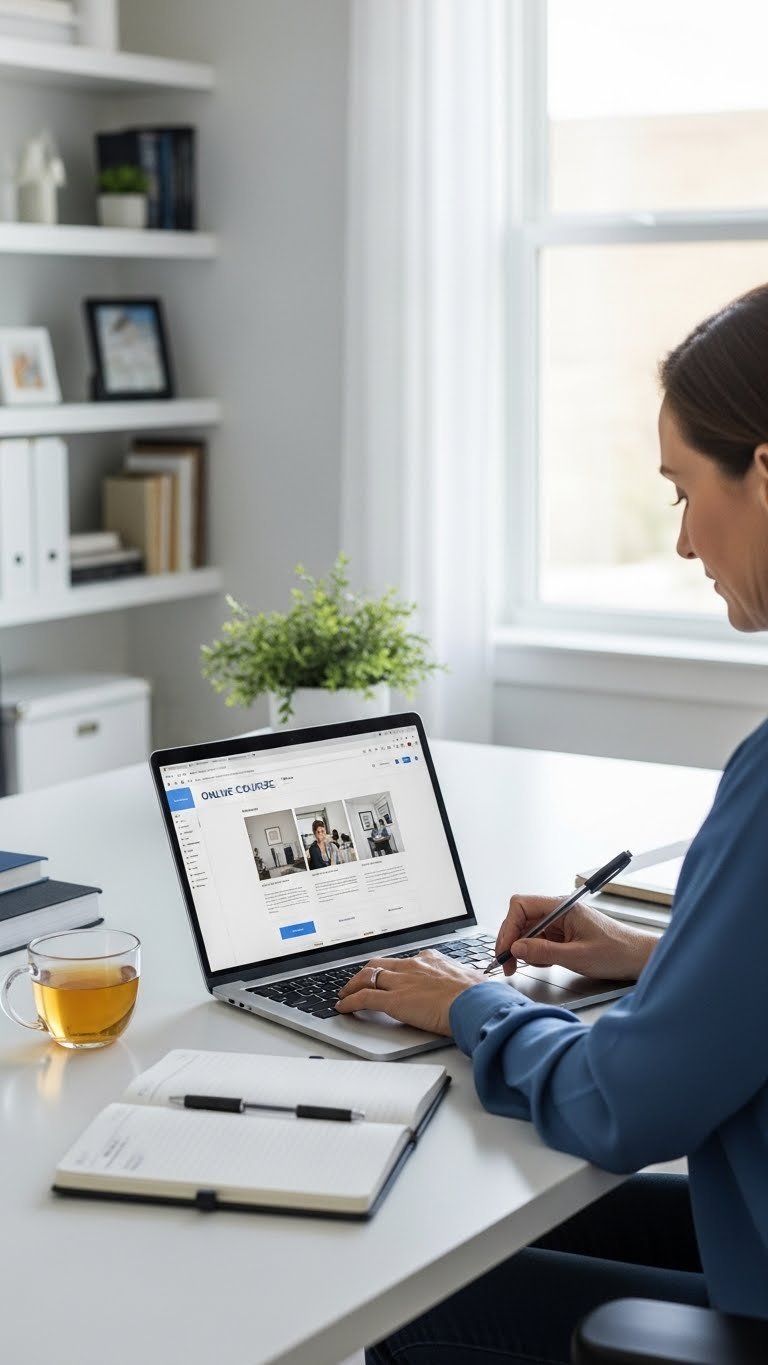 Focused woman studying on laptop with planner at modern desk in contemporary home office setting