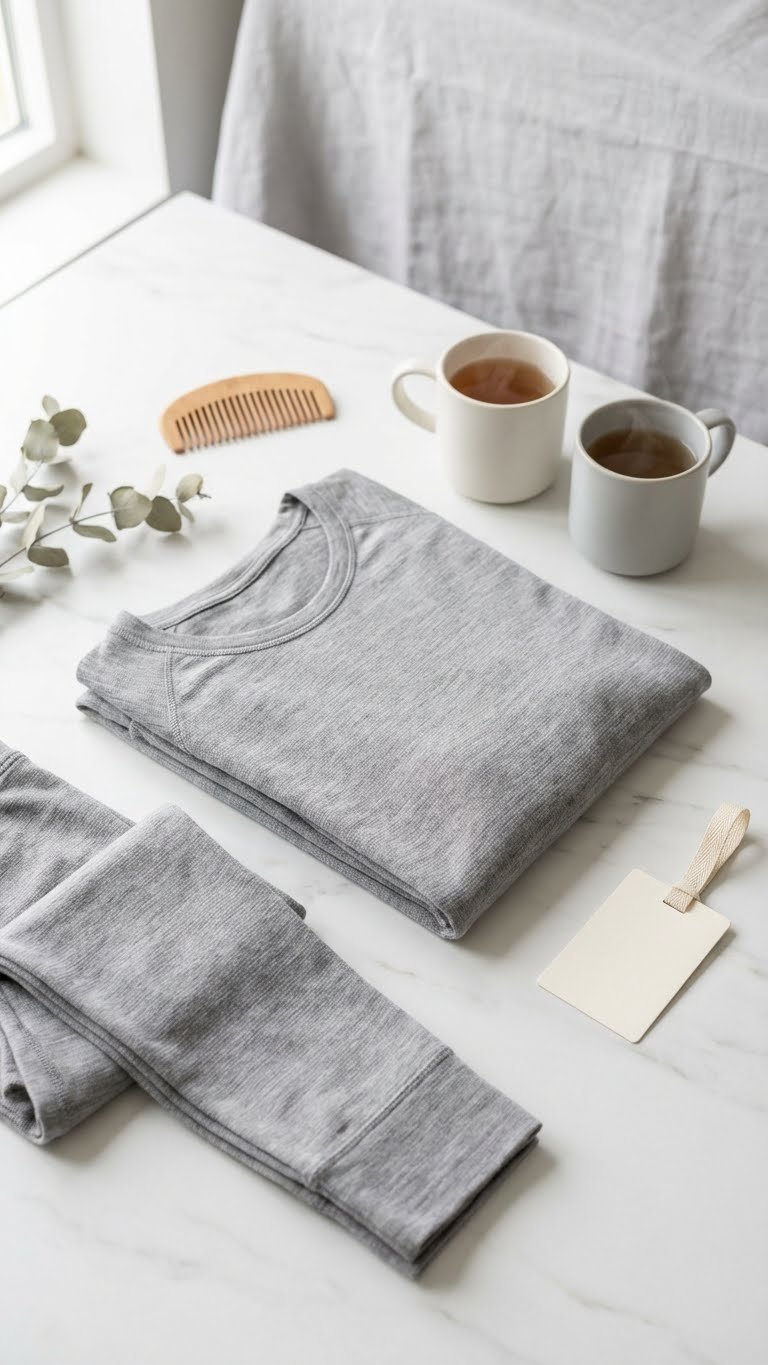 Folded neutral thermal base layers on marble, highlighting lightweight, smooth technical fabric for functional winter wear.