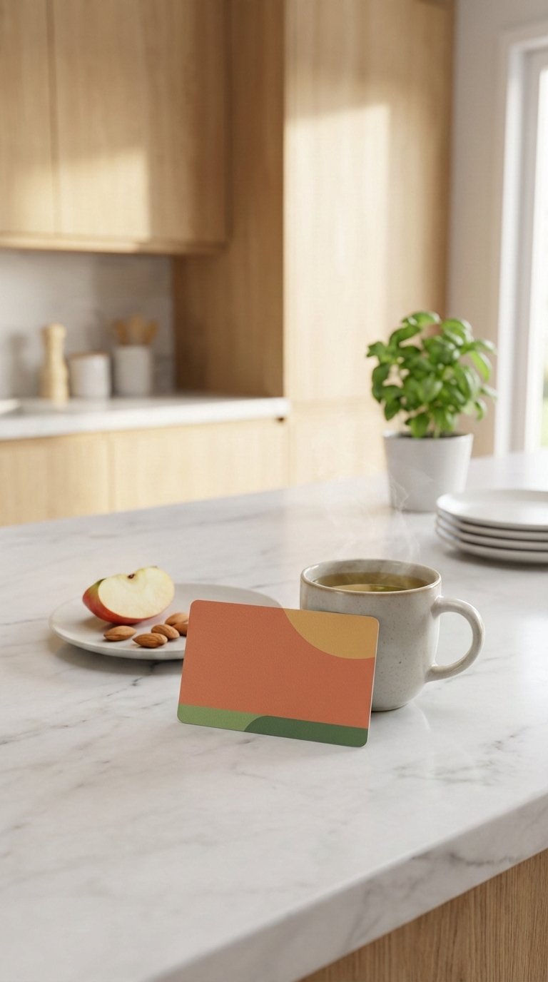 Food delivery gift card from DoorDash or UberEats placed next to steaming tea cup on modern marble countertop