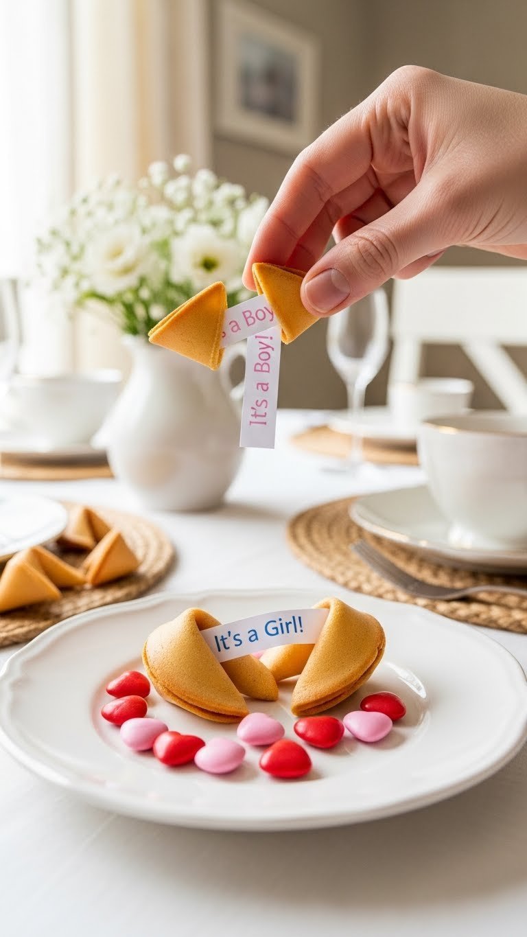 Fortune cookie cracked open revealing pink or blue gender announcement message surrounded by heart candies