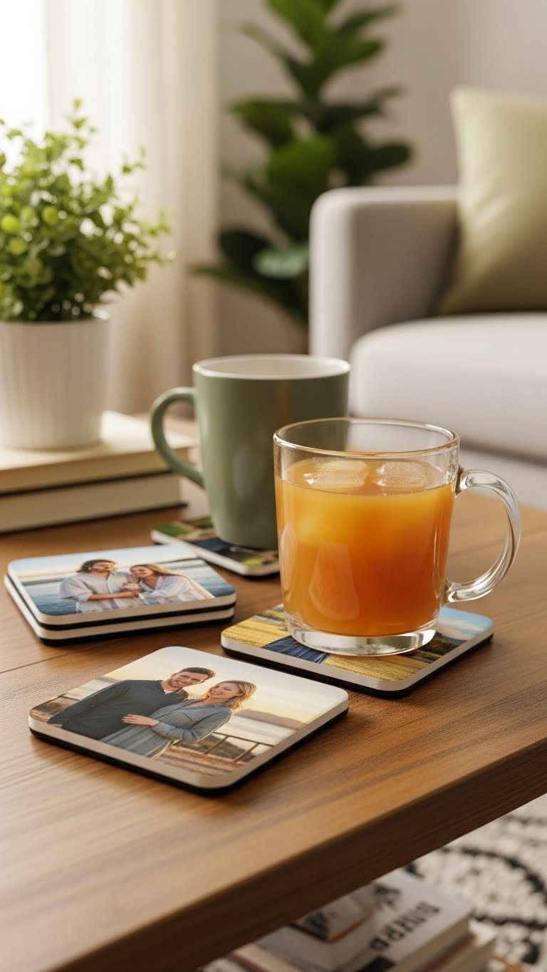 Four custom photo coasters featuring travel memories arranged on rustic coffee table with warm golden hour lighting.