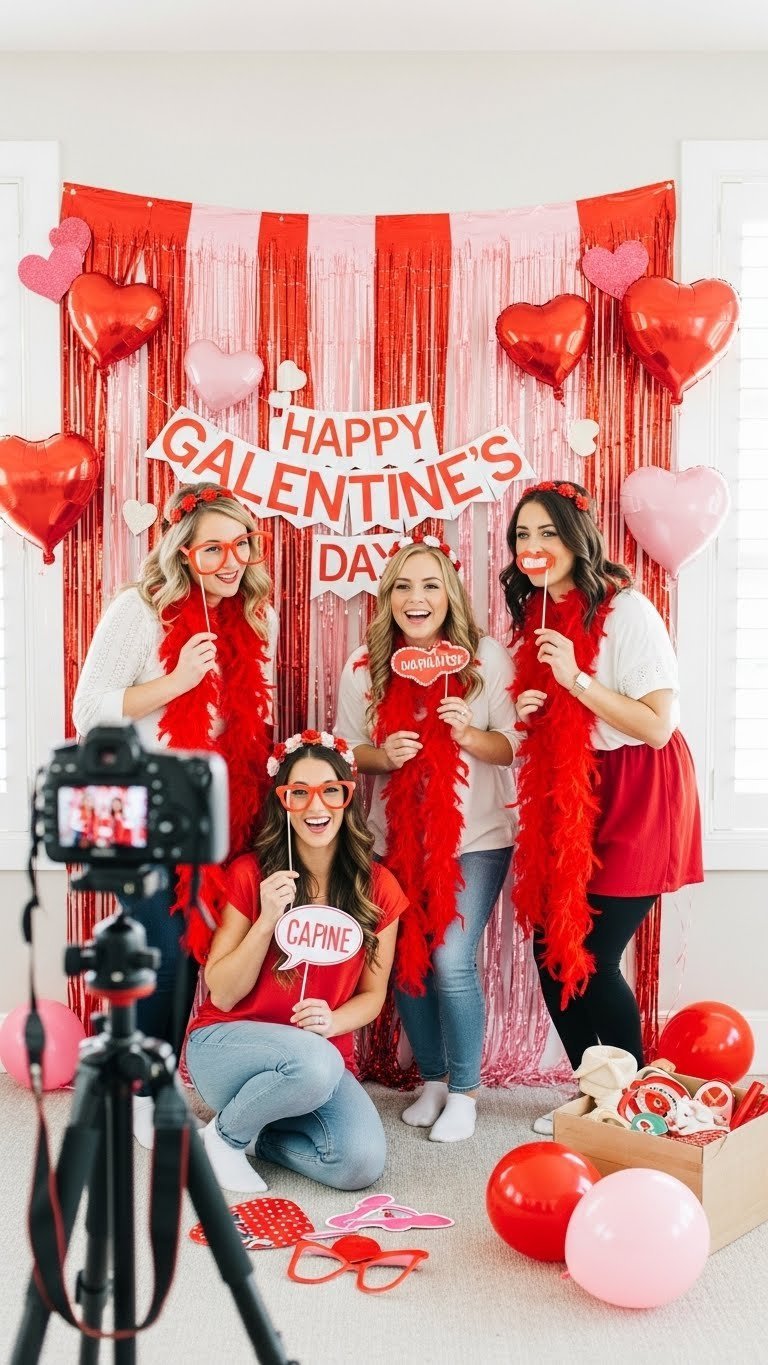 Four female friends posing playfully with Valentine's Day props in a colorful DIY photo booth with glitter hearts and streamers.