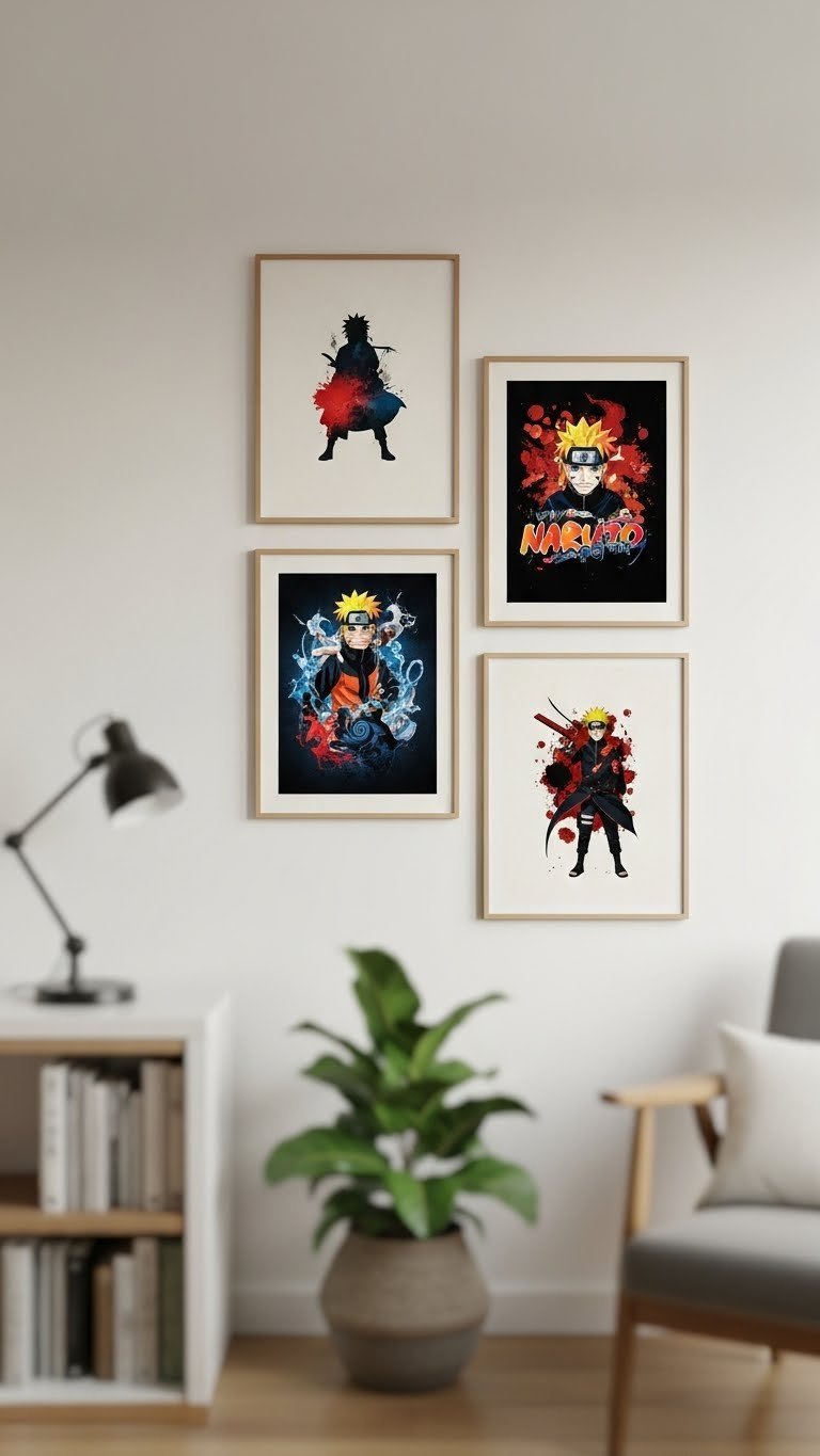 Framed Naruto art prints displayed on white gallery wall with soft natural lighting and artistic arrangement