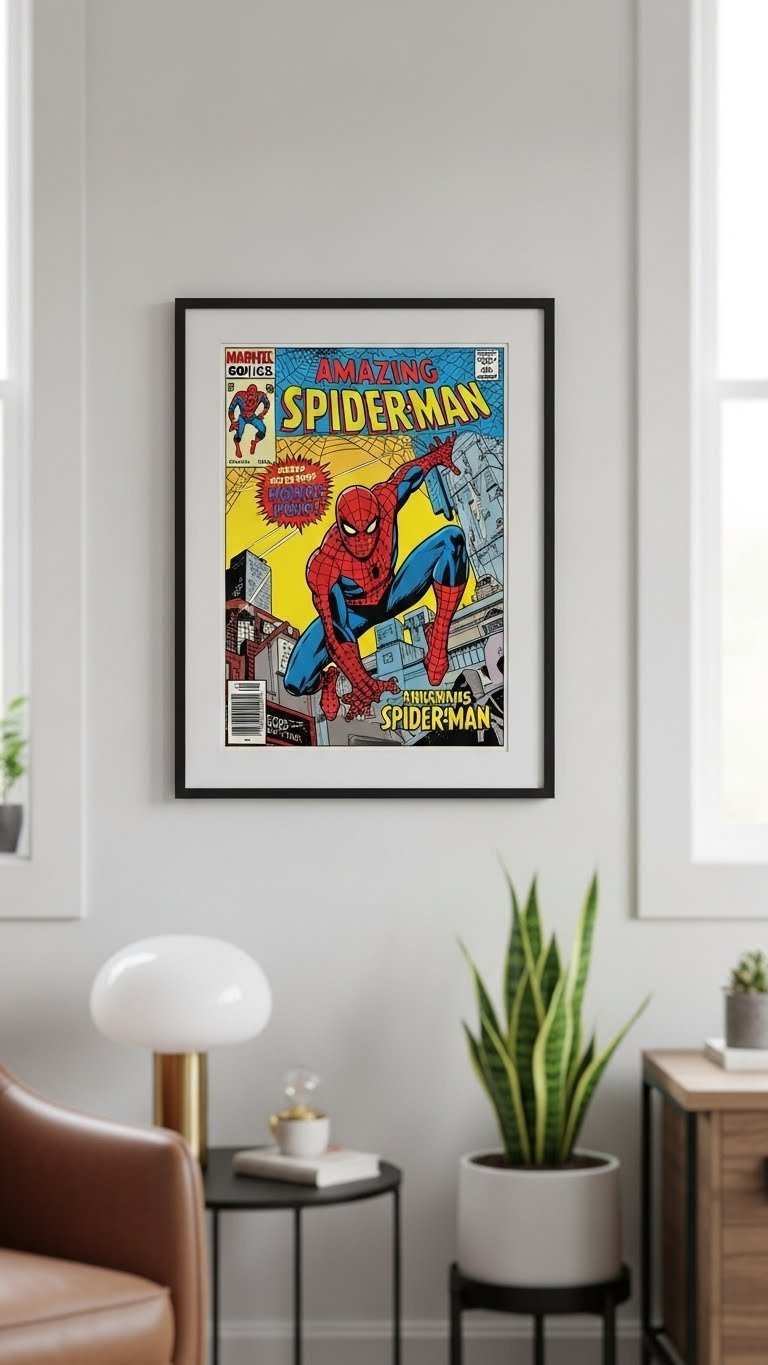 Framed Spiderman comic poster with vibrant cover art displayed on modern neutral-toned wall