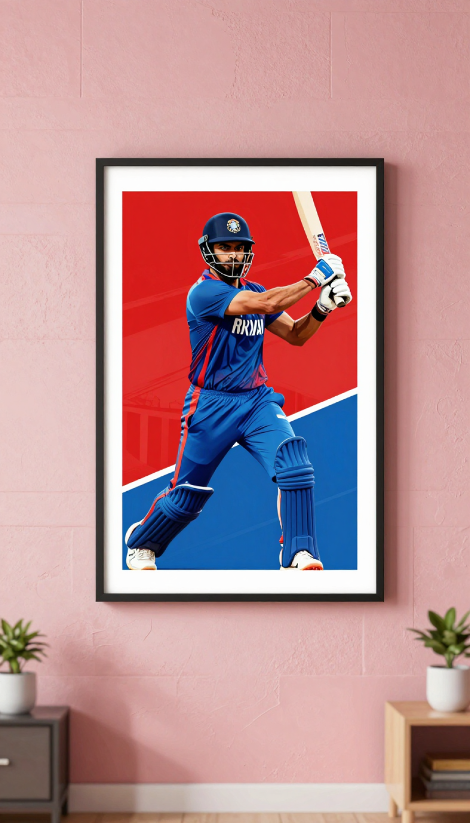 Framed Virat Kohli fan art print hanging on textured wall with modern portrait action pose