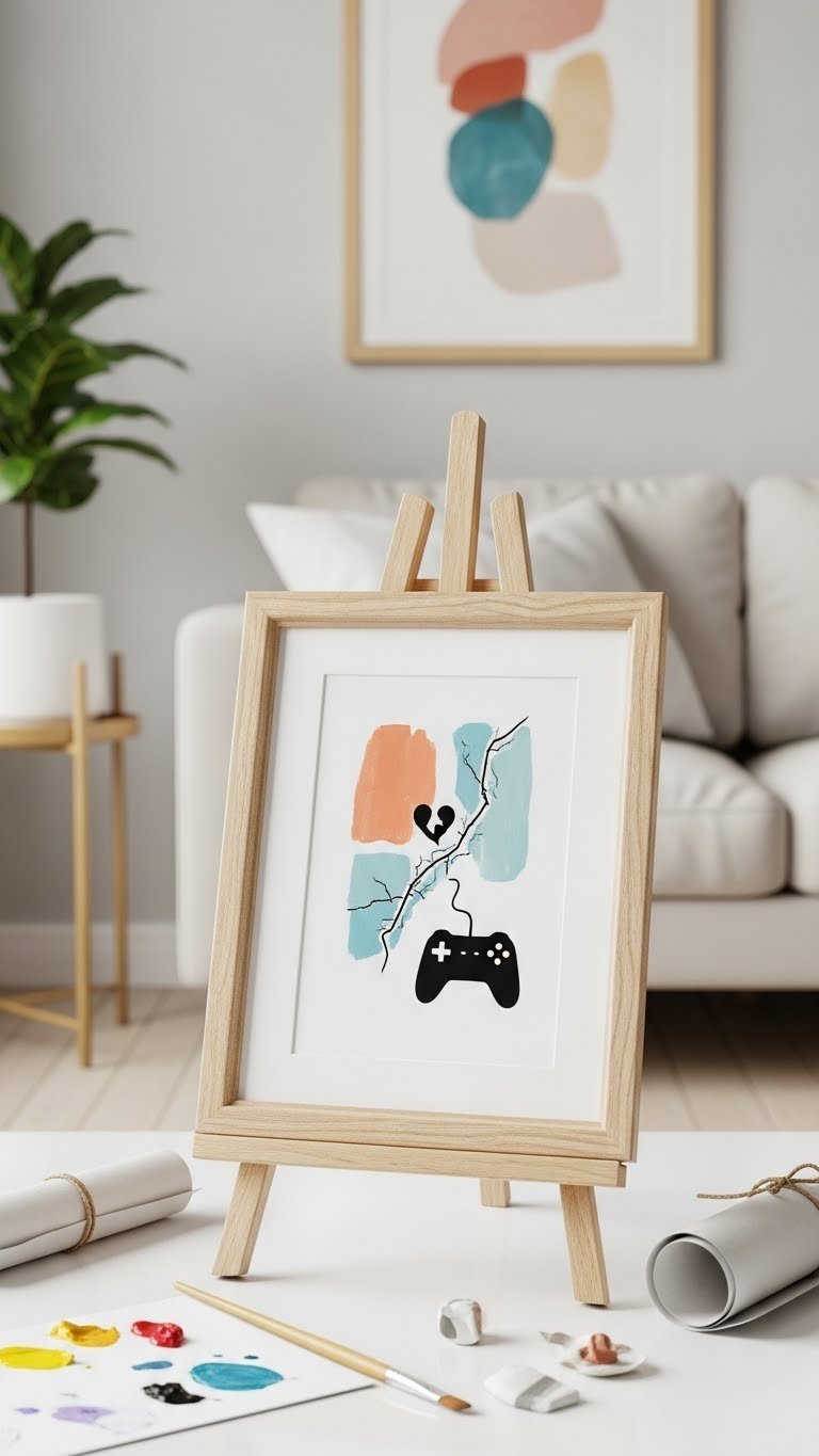 Framed abstract custom painting with visible brushstrokes on a white gallery wall, accented by a delicate paintbrush and paint palette, under even overcast illumination.