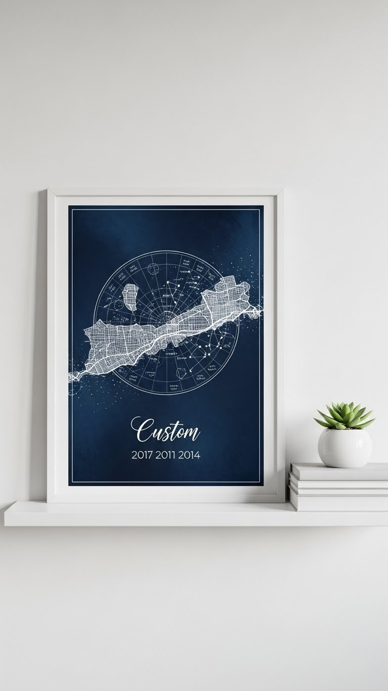 Framed custom star map art on floating shelf with succulent plant and design books in chic living room setting