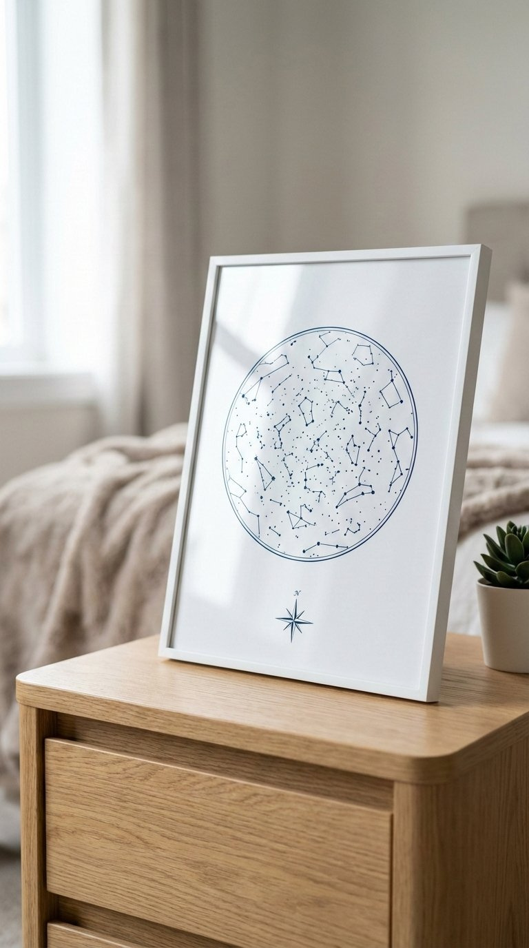 Framed custom star map art with intricate constellations displayed on light wooden nightstand in soft natural bedroom lighting