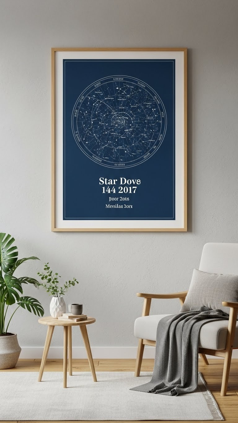 Framed custom star map celestial arrangement displayed on light gray wall in modern cozy living room interior