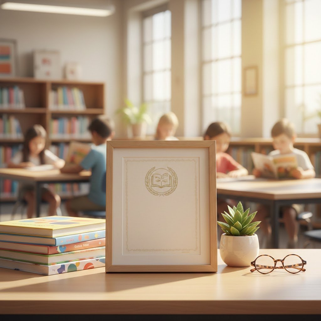 Framed donation certificate next to colorful children's books on polished wooden desk in school library setting