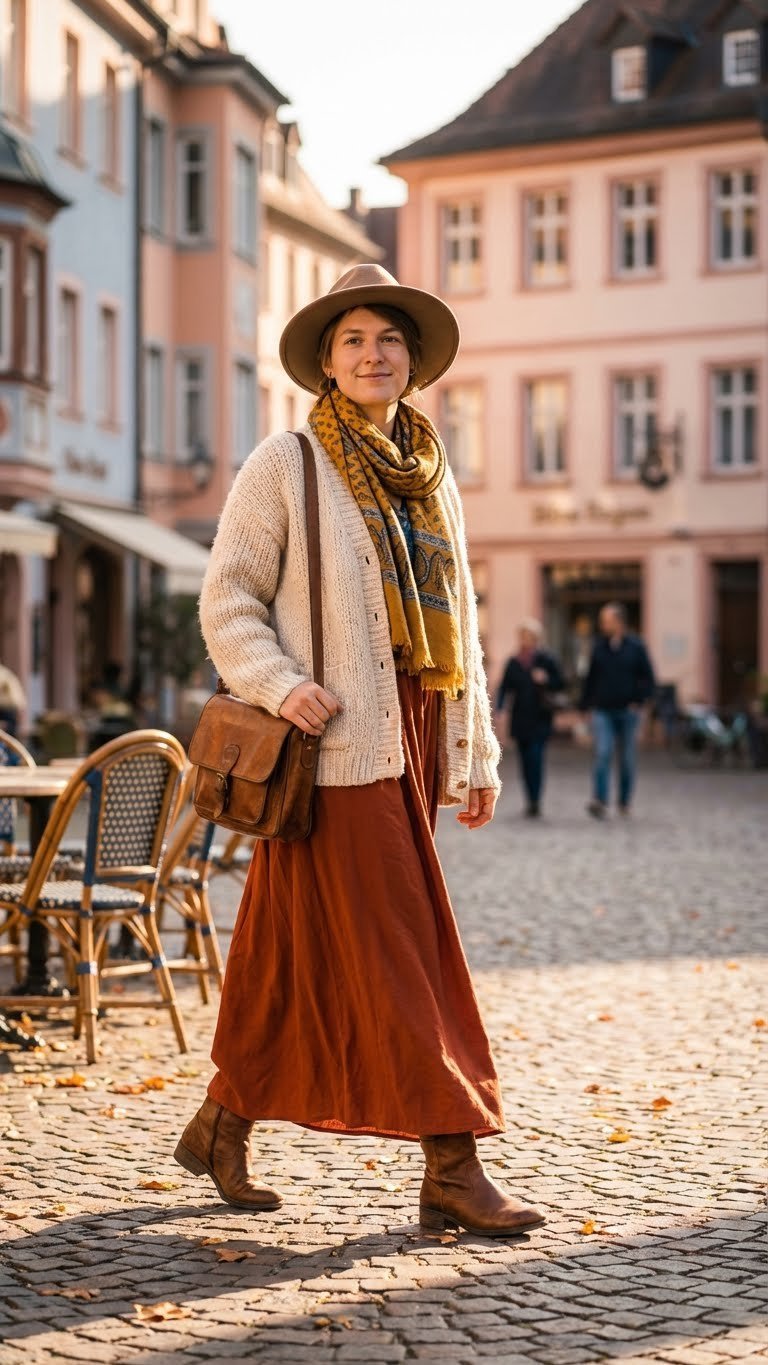 Free-spirited individual in a maxi dress and cardigan explores a quaint European town square with cobblestone.