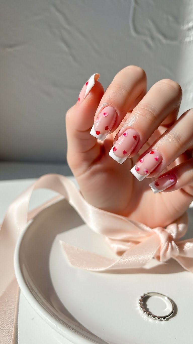 French tip square nails with delicate micro-hearts on white ceramic plate against textured wall