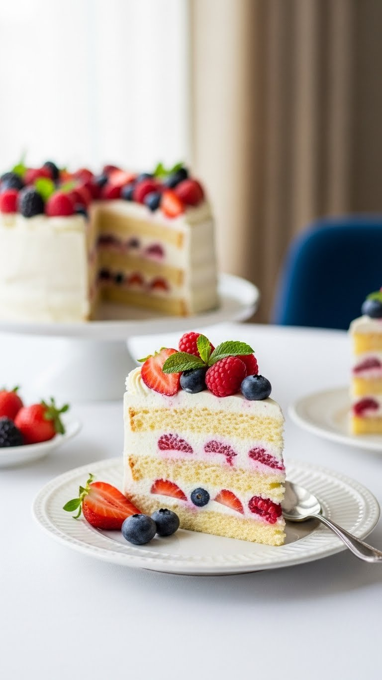 Fresh berry cake slice with strawberries, raspberries, blueberries on white porcelain plate with silver spoon garnish