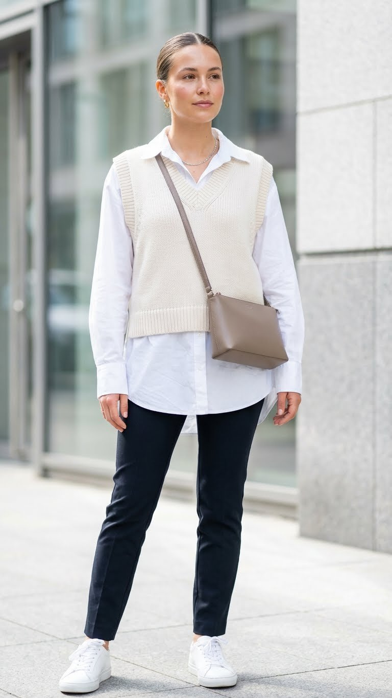 Fresh-faced person in a white shirt, neutral sweater vest, and white sneakers, representing chic clean girl winter style.