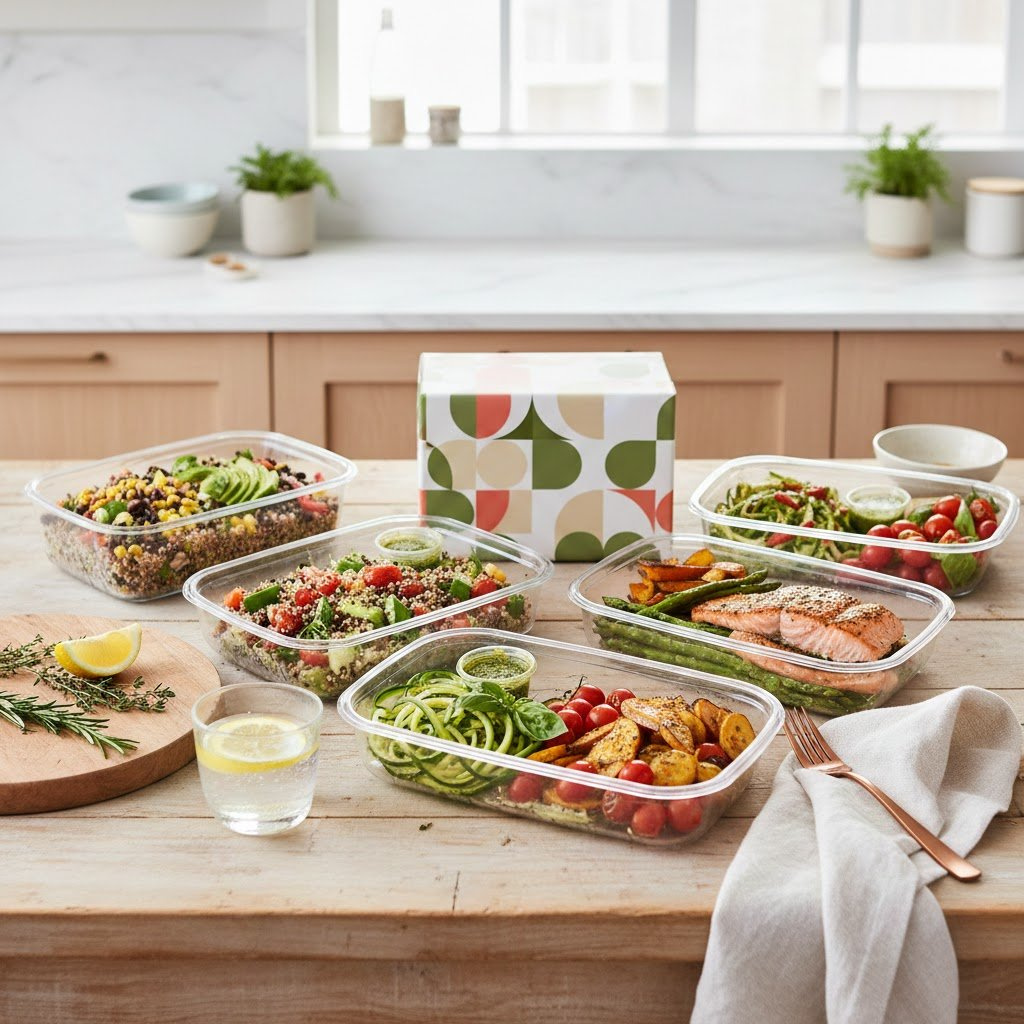 Fresh healthy pregnancy meal delivery kits with vibrant ingredients on rustic wooden kitchen counter